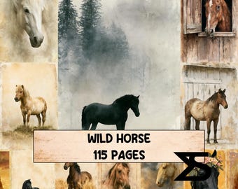 Wild Horse vintage junk journal set mit pferdemotiven ledertexturen botanische papiere collage elemente fur art journaling und mixed media