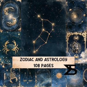 Può includere: Una raccolta di pagine a tema celeste blu scuro e oro con segni zodiacali, costellazioni e diagrammi planetari. Il testo centrale recita ZODIAC AND ASTROLOGY 108 PAGES, mostrando illustrazioni di un granchio, leone, scorpione e bilancia.