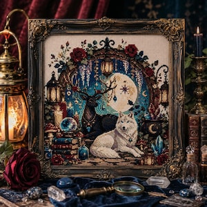 May include: A framed cross-stitch embroidery featuring a dark deer and a white wolf resting in a forest scene with a full moon, lanterns, books, and red roses. The artwork is enclosed in an ornate, dark, antique-style rectangular frame.