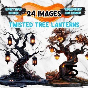 May include: Digital art featuring two twisted tree lanterns with glowing lights. The image includes the text "24 Images" and "Twisted Tree Lanterns". The background is a white marble design with orange accents.