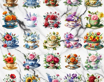 27 Floral Tea Cup Clipart, Floral Tea Set, Printable Watercolor clipar bundle, commercial use, digital download, instant download