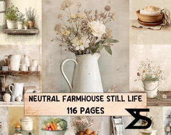 Neutral Farmhouse Still Life junk journal ephemera kit printable papers vintage botanicals rustic textures shabby chic collage pack