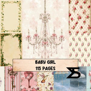 May include: A digital collection of 115 pages featuring various designs including a crystal chandelier, floral patterns, climbing vines, vintage keys, a hummingbird, and umbrellas. The text BABY GIRL 115 PAGES is printed on a central banner.