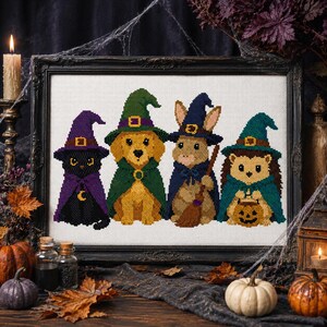 May include: A cross-stitch embroidery in a black frame featuring four animals wearing witch hats and capes: a black cat with a crescent moon, a golden dog, a brown rabbit holding a broom, and a hedgehog holding a jack-o'-lantern pumpkin.