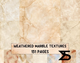 Può includere: Una raccolta di 151 pagine con varie texture di marmo invecchiato in tonalità beige, crema e marrone chiaro. L'immagine mostra una griglia di motivi in pietra con venature e crepe naturali, sovrapposta al testo WEATHERED MARBLE TEXTURES 151 PAGES e a un logo geometrico nero.