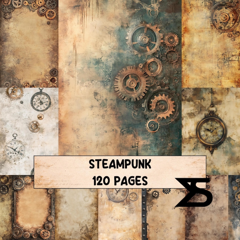 Op de afbeelding: Digitaal papier met steampunk-thema met een collage van tandwielen, klokken en verouderde texturen in bruin, goud en blauwgroen. De tekst "STEAMPUNK 120 PAGES" wordt weergegeven op een beige banner.