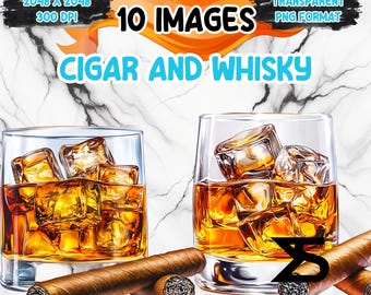 Watercolor cigar and whisky PNG Image with transparent background, Clipart bundle, commercial use, digital download, instant download