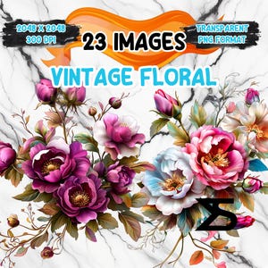 Watercolor Vintage Floral PNG Image on transparent background, digital Sticker/Scrappbooking, commercial use, instant digital download