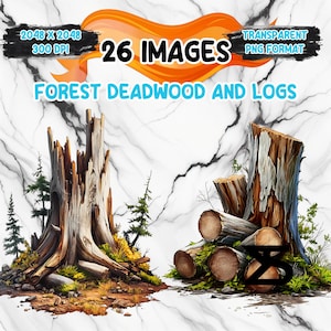 May include: Digital art featuring two detailed illustrations of forest deadwood and logs. The image includes text that reads "26 Images" and "Forest Deadwood and Logs". The background is a white marble design.