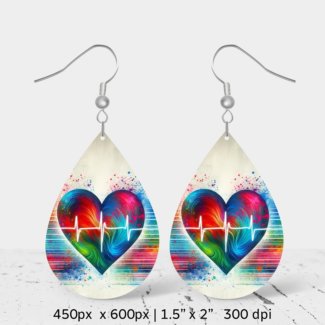 Watercolor Heart Sublimation Earring Design, Teardrop Earring Design ...