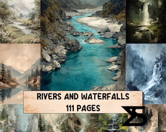 Kit de efímeros vintage para diario de recortes sobre ríos y cascadas, papeles imprimibles sobre cascadas y ríos, suministros para collages de naturaleza, paquete para álbumes de recortes de viaje.