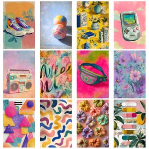 Retro90S Nostalgia junk journal kit with vintage 90s ephemera cassette tape art neon patterns printable stickers mixed media collage image 6