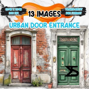 Urban Door Entrance watercolor clipart set of vintage city doors floral wreaths entryway frames pngs for invitations logos instant download