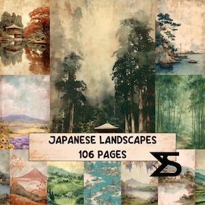 Könnte beinhalten: Eine Sammlung von Aquarellmalereien mit japanischen Landschaften. Die Bilder zeigen Szenen von Tempeln, Wäldern, Bergen und Küstenansichten. Der Text "JAPANESE LANDSCAPES 106 PAGES" ist auf einem beigen Banner zu sehen.