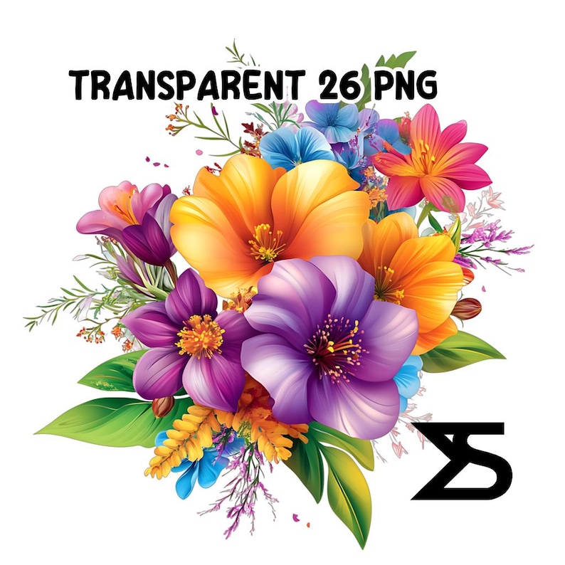 May include: A vibrant bouquet of flowers in shades of purple, yellow, orange, and blue. The flowers are arranged in a cluster with green leaves and stems. The bouquet is a digital illustration.