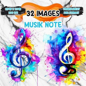 32 notas musicales de acuarela, clipart de música PNG, paquete de clipart, uso comercial, descarga digital, descarga instantánea