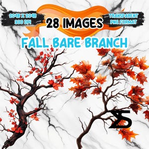 May include: Digital artwork showcasing fall bare branch designs with red and orange leaves. The image includes text that reads "28 Images" and "Fall Bare Branch" with the dimensions and format details. The background is a white marble texture.