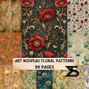 Könnte beinhalten: Eine Sammlung von floralen Mustern im Jugendstil. Das Bild zeigt verschiedene Designs mit Blumen in Rot-, Rosa- und Gelbtönen, mit aufwendigen Details und einer Vintage-Ästhetik. Der Text "ART NOUVEAU FLORAL PATTERNS 99 PAGES" ist zu sehen.