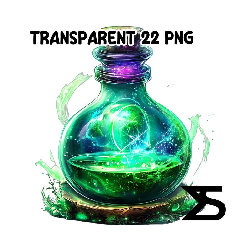 May include: A digitally created, transparent green potion bottle with a cork stopper. The bottle contains a swirling galaxy design with green and blue hues. The text "TRANSPARENT 22 PNG" is at the top. The bottle sits on a wooden base.
