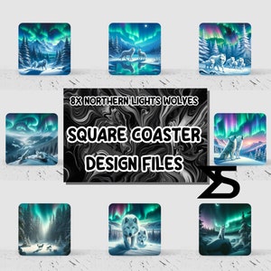 Sous-verre carré loups aurores boréales Sublimation Design lot de 8, téléchargement numérique instantané, usage commercial, téléchargement PNG