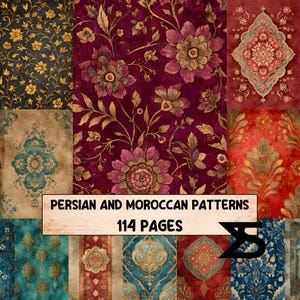 May include: A collage of Persian and Moroccan patterns in various colors, including gold, burgundy, teal, and red. The patterns feature floral and geometric designs. The text "PERSIAN AND MOROCCAN PATTERNS 114 PAGES" is displayed.
