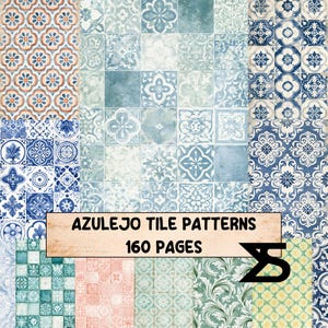 Azulejo Tile Patterns - Portugiesische blaue fliesen printable fuer junk journal ephemera digital collage sheets sofort download fuer