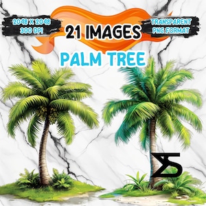 May include: 21 images of palm trees with green leaves and brown trunks. The trees are set against a white marble background. The text "21 IMAGES PALM TREE" is at the top of the image. The text "TRANSPARENT PNG FORMAT" is at the top right of the image.