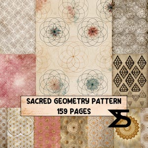 May include: A collection of 159 pages featuring various sacred geometry patterns, including overlapping circles, floral motifs, and geometric shapes in shades of beige, pink, and gold, with the text SACRED GEOMETRY PATTERN 159 PAGES printed on a banner.