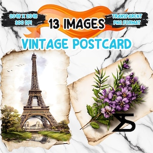 Image PNG de carte postale vintage aquarelle sur fond transparent, autocollant numérique/Scrappbooking, usage commercial, téléchargement numérique instantané