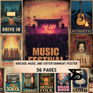 May include: A collection of vintage-style posters with a music and entertainment theme. The central poster reads "MUSIC FESTIVAL" with a stage scene. Other posters include "DRIVE IN", "ACOUSTIC", "LA DIVA", "OLD SCHOOL", "JUKEBOX", "IRISH FOLK", "ROLLER DISCO", and "BALLET". The text "56 PAGES" is also visible.