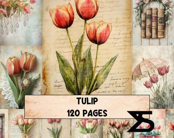 Tulip vintage junk journal kit floral ephemera pack tulip papers collage supplies for scrapbooking journaling mixed media art printable