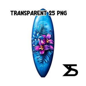 Puede incluir: Una tabla de surf azul con un dise&ntilde;o floral con flores moradas y rosas y hojas azules. El texto "TRANSPARENT 25 PNG" est&aacute; en la parte superior. Un logotipo negro est&aacute; en la esquina inferior derecha.