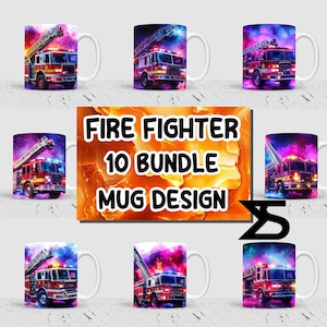 Puede incluir: Un conjunto de 10 diseños de sublimación que presentan un camión de bomberos con una escalera y un fondo colorido. Los diseños son perfectos para crear tazas, camisetas y otras mercancías personalizadas.