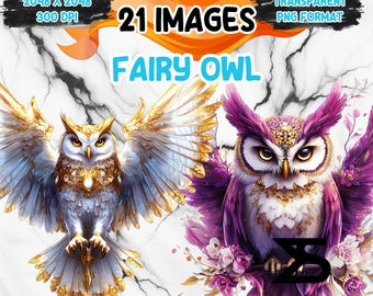 May include: Two fairy owls with golden accents and intricate details. One owl is white with spread wings and the other is purple with flowers.