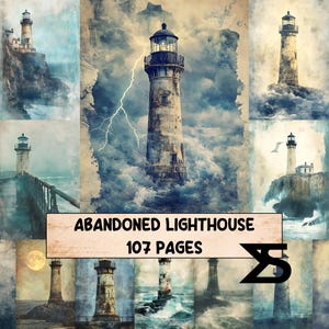 Op de afbeelding: Een collage van afbeeldingen in aquarelstijl met vuurtorens. De centrale afbeelding toont een hoge, verweerde vuurtoren te midden van stormachtige golven en een blikseminslag. De tekst "ABANDONED LIGHTHOUSE 107 PAGES" wordt weergegeven.