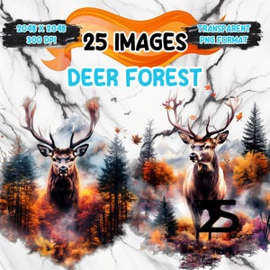 Könnte beinhalten: Eine digitale Illustration eines Hirsches, der in einem Wald mit Herbstlaub steht. Der Hirsch ist braun mit großen Geweihen. Der Wald ist gefüllt mit bunten Bäumen und Blättern. Das Bild ist vor einem weißen Marmorhintergrund platziert. Der Text "25 IMAGES" und "DEER FOREST" wird oben im Bild angezeigt.