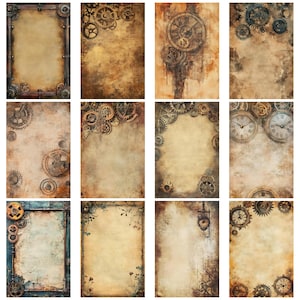Op de afbeelding: Een verzameling van twaalf digitale papieren met steampunk-thema. Elk papier heeft een vintage, verouderde achtergrond met tandwielen, klokken en sierlijk metaalwerk. Het kleurenpalet omvat bruin, beige en metallic accenten, wat een rustieke, industri&euml;le uitstraling cre&euml;ert.