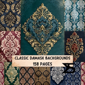 May include: A collection of damask patterned backgrounds featuring various color combinations including teal, gold, deep red, navy, and black. A rectangular label with the text CLASSIC DAMASK BACKGROUNDS 158 PAGES is centered over the patterns.