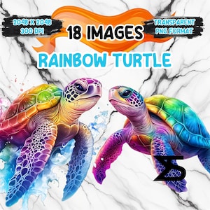 May include: Two vibrant rainbow-colored turtle illustrations. The turtles feature a spectrum of colors, including purple, blue, green, yellow, and orange. Text includes "18 IMAGES", "RAINBOW TURTLE", and image specifications.