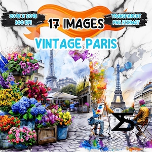17 Aquarela vintage Paris Clipart, Paris clipart PNG, pacote de clipart, uso comercial, download digital, download instantâneo