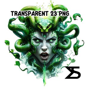 May include: Digital illustration of Medusa with green snakes for hair, glowing green eyes, and an open mouth. The image includes the text "TRANSPARENT 23 PNG" in black. The overall design is a fantasy theme.