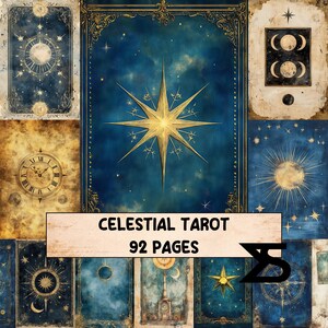 Celestial Tarot junk journal set mit tarot ephemera himmlische papiere sticker etiketten prompts fuer collage planer und journaling