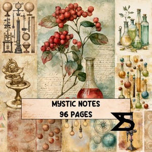 Könnte beinhalten: Eine Sammlung von 96 Seiten mit dem Titel Mystic Notes, die historische wissenschaftliche Illustrationen zeigt, darunter Globen, Laborglaswaren, botanische rote Beeren und Navigationsinstrumente auf einem strukturierten, gealterten Papierhintergrund mit handschriftlichem Text.