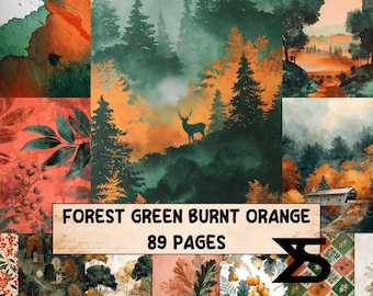 Forest Green Burnt Orange vintage junk journal set with autumn ephemera printable papers collage kit boho scrapbook supplies kraft tags