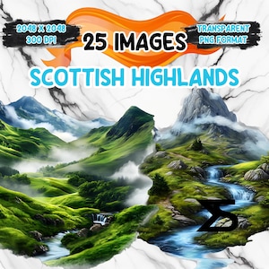 Immagine PNG acquerello delle Highlands scozzesi con sfondo trasparente, bundle Clipart, uso commerciale, download digitale, download immediato