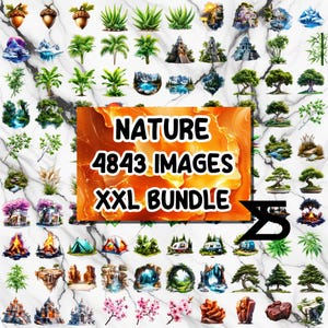 May include: A digital image bundle featuring various nature-themed illustrations. The image includes plants, landscapes, and architectural elements. The central image features the text "NATURE 4843 IMAGES XXL BUNDLE".