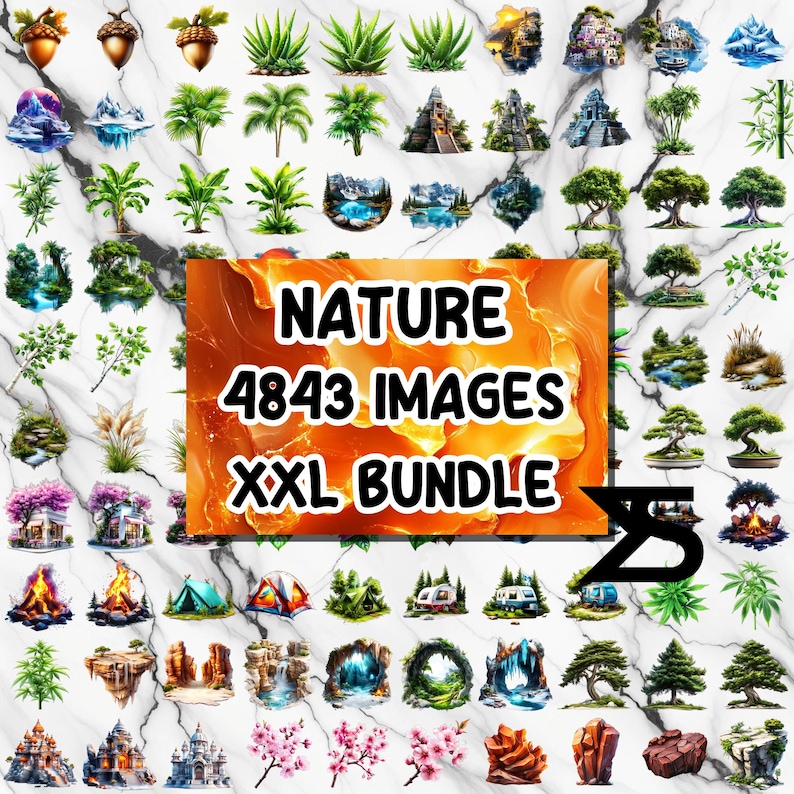 May include: A digital image bundle featuring various nature-themed illustrations. The image includes plants, landscapes, and architectural elements. The central image features the text "NATURE 4843 IMAGES XXL BUNDLE".
