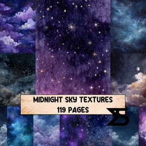 May include: A digital art collage featuring various midnight sky textures. The textures include images of stars, clouds, and celestial bodies in shades of blue, purple, and black. The text "MIDNIGHT SKY TEXTURES 119 PAGES" is displayed on a banner.