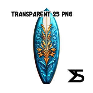 Puede incluir: Una tabla de surf decorativa con un dise&ntilde;o floral azul y dorado. La tabla de surf tiene una franja blanca en el centro y el texto "TRANSPARENT 25 PNG" en la parte superior.