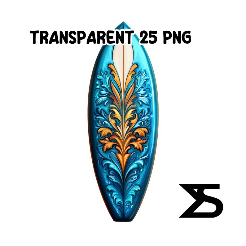 Puede incluir: Una tabla de surf decorativa con un dise&ntilde;o floral azul y dorado. La tabla de surf tiene una franja blanca en el centro y el texto "TRANSPARENT 25 PNG" en la parte superior.